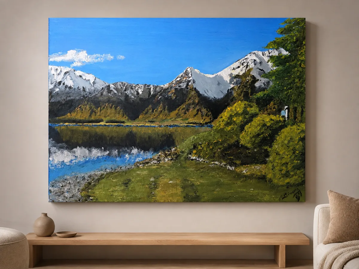 Commissioned canvas of snow-capped peaks reflected in an alpine lake