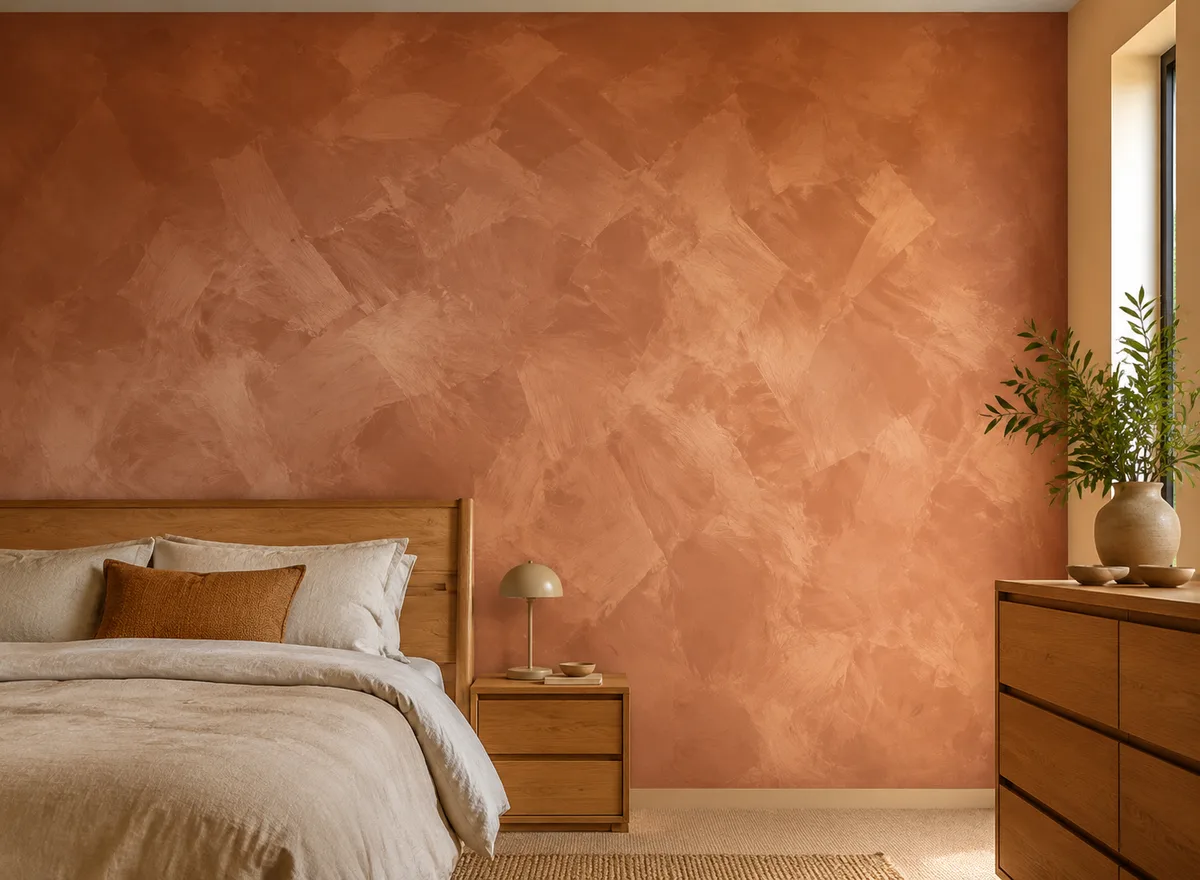 Burnished Clay finish in warm terracotta tones behind a bed