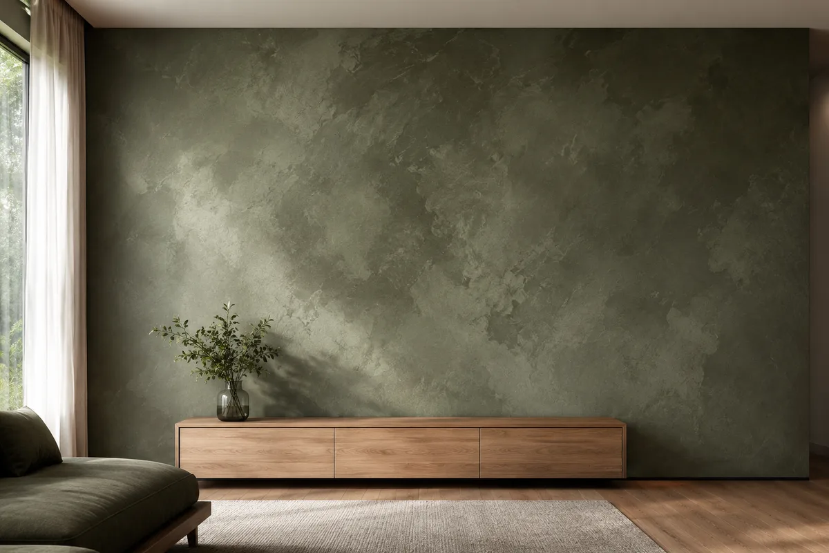 Woodland Mist finish in blended olive and grey-green tones on a living room wall